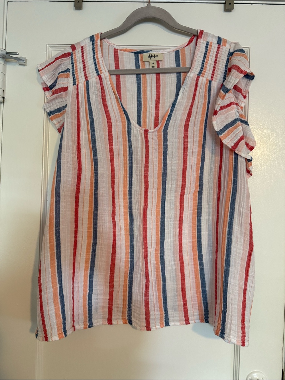 Style & Co. Multi-Stripe V-Neck Flutter Sleeve Top - White, Red, Blue, Orange